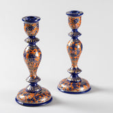 Papier Mache Candle Stands Blue & Orange- 9.5 x 4 - Eyaas